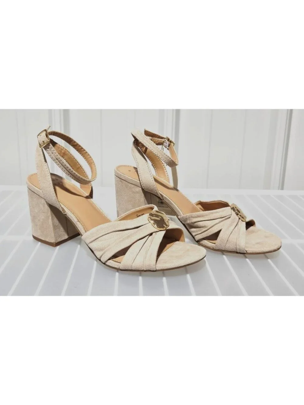 A New Day Bibi Taupe Faux Suede Wrap Buckle Strap Open Toe Heels -- Women's 8